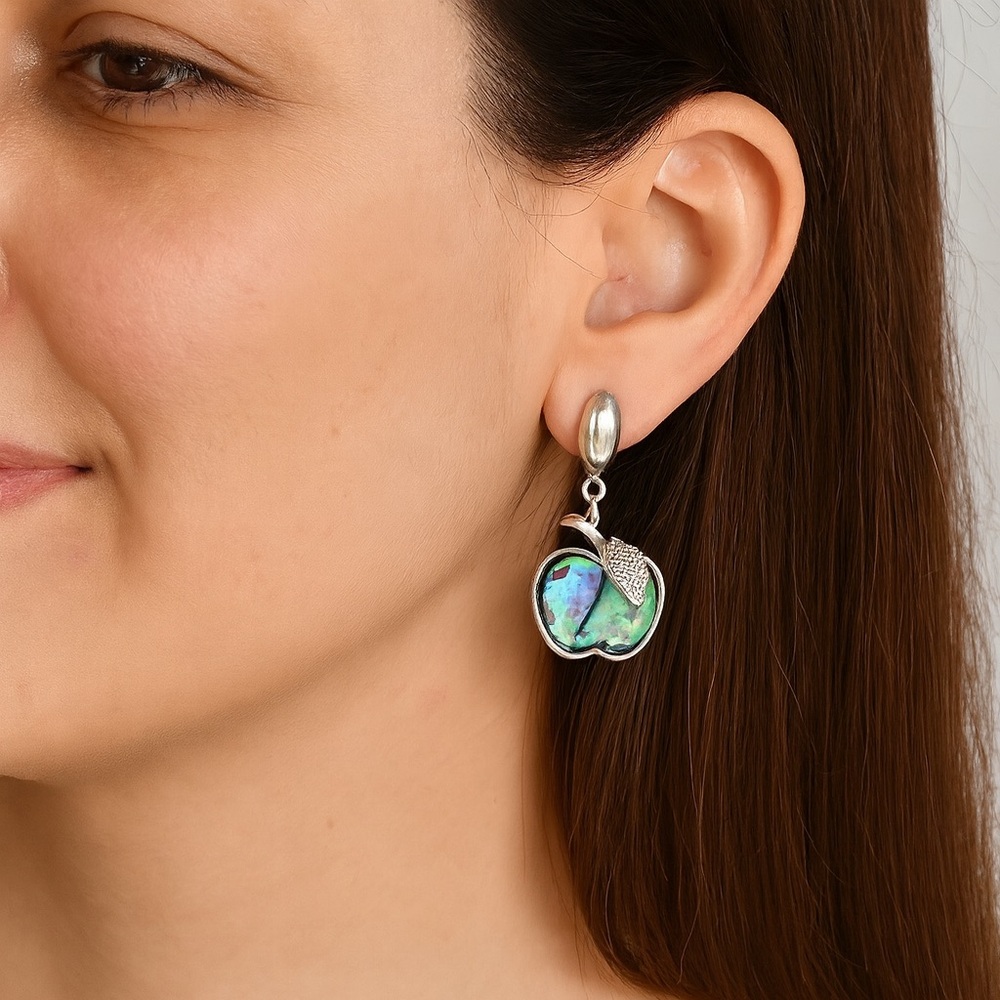 Avon Vintage Silver Apple Earrings with Abalone Inlay